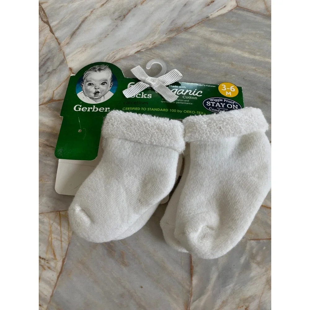 Gerber Baby Socks 3-6M White Organic Cotton Wiggle Proof Stay On Booties NEW